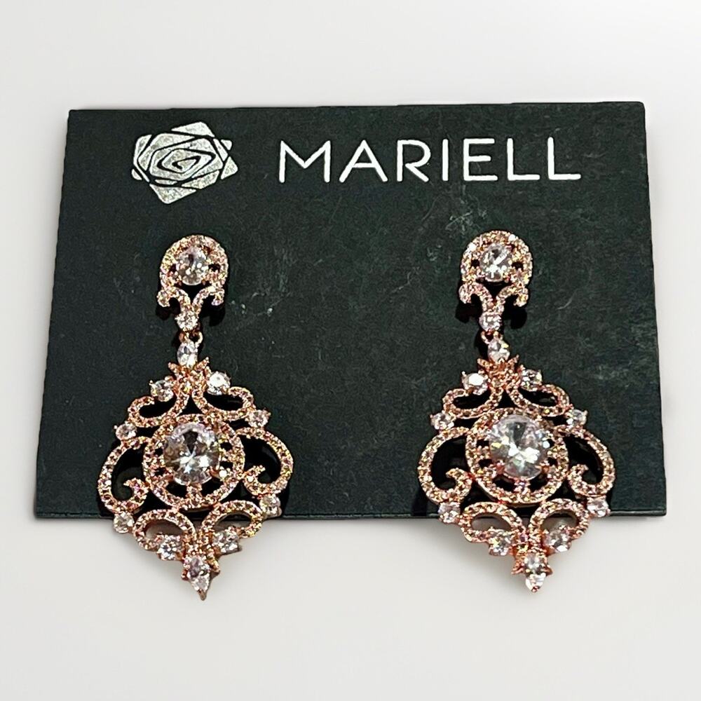 NEW MARIELL Victorian Scroll Cubic Zirconia Chandelier Earrings - Rose Gold